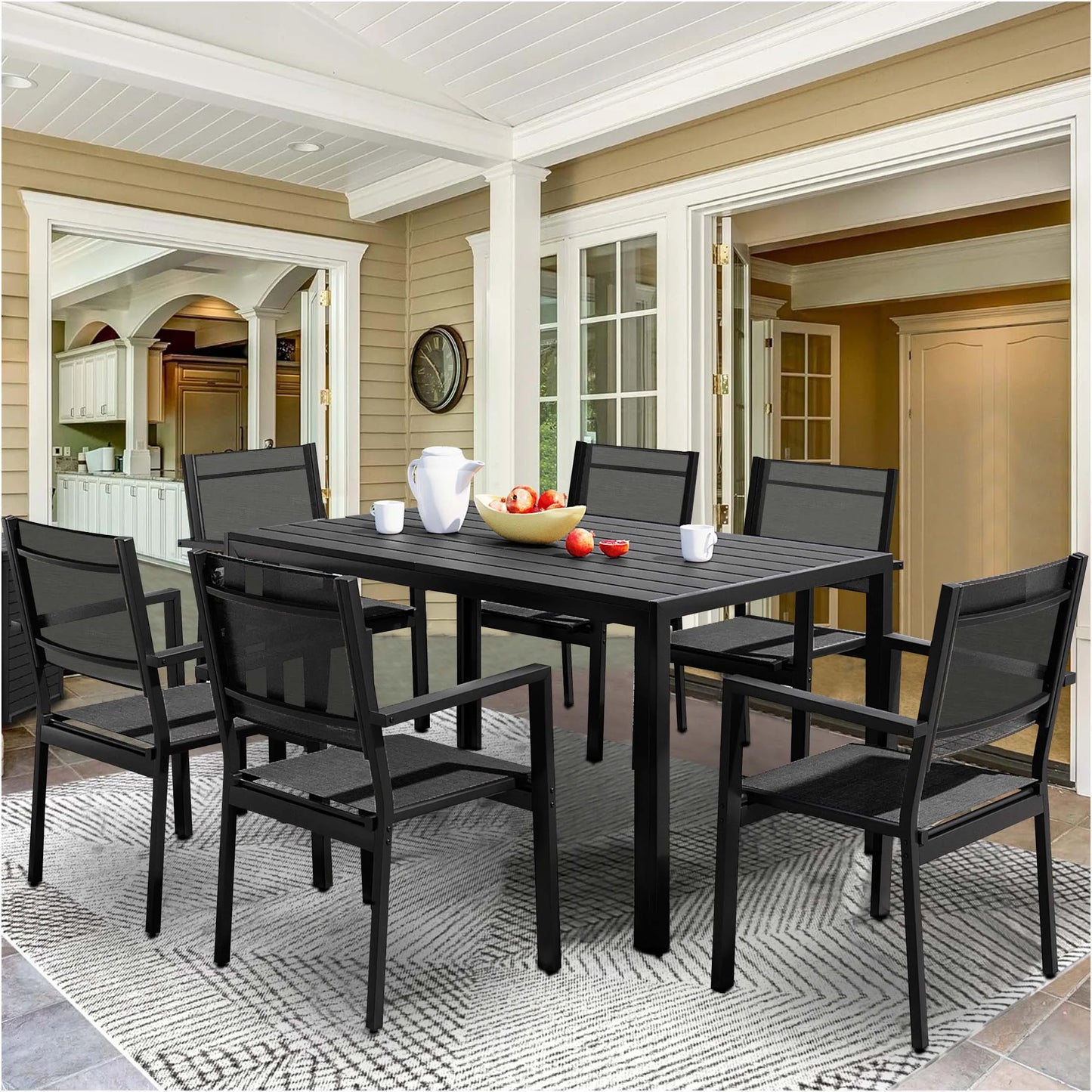 Patio Dining Set, 7PCS Outdoor Plastic-Wood Table & Textilene Chairs Set, Outdoor Furniture Dining Table Set, Garden Porch Backyard Poolside Sectional Conversation Set