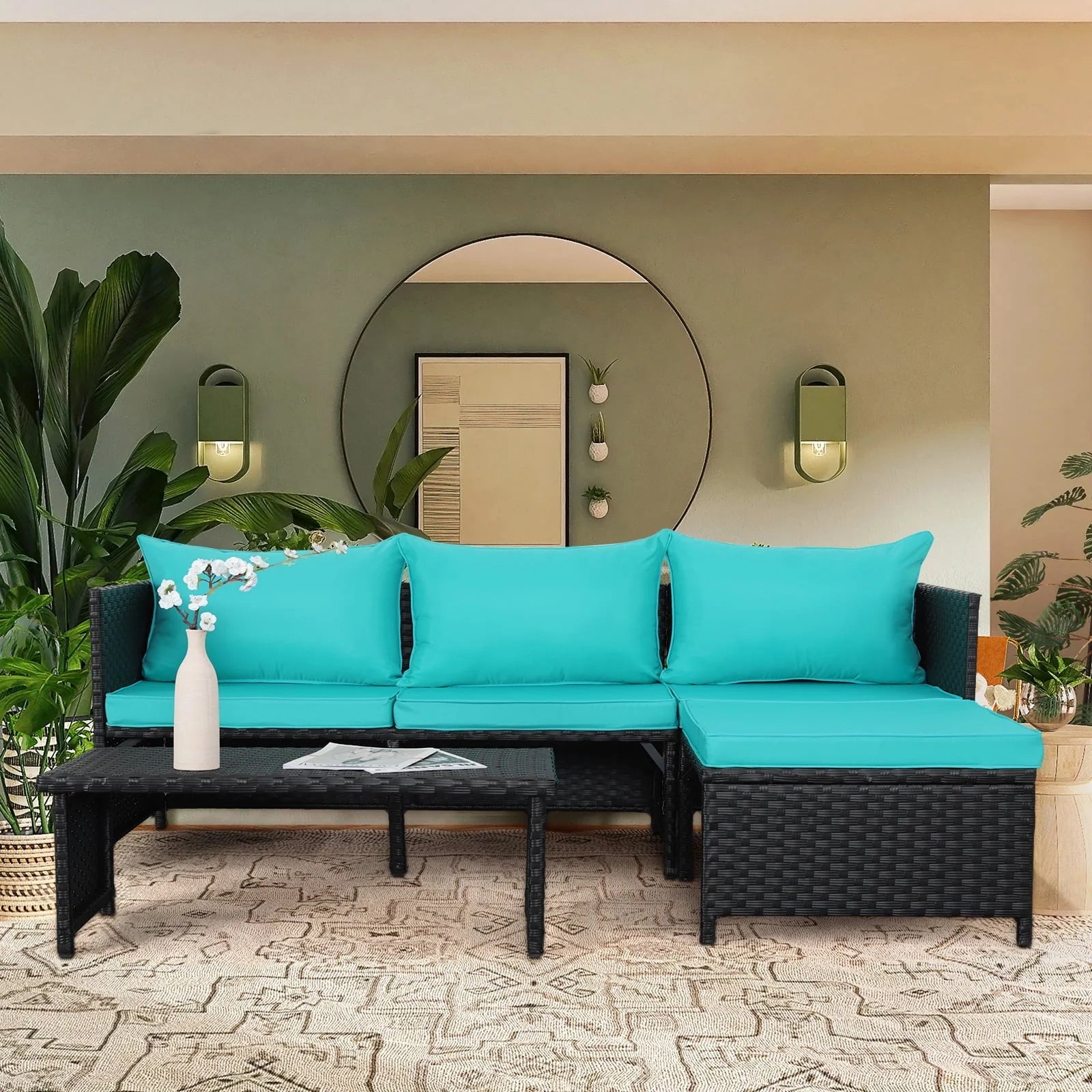 Waroom 3 Pieces Patio Conversation Sets Outdoor Wicker Furniture Chairs Loveseat Sofa,Turquoise,Powder Coated Steel