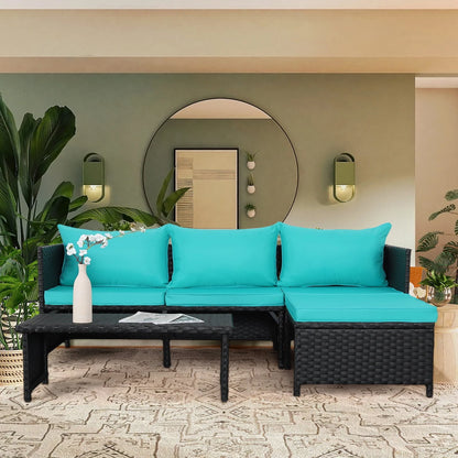 Waroom 3 Pieces Patio Conversation Sets Outdoor Wicker Furniture Chairs Loveseat Sofa,Turquoise,Powder Coated Steel