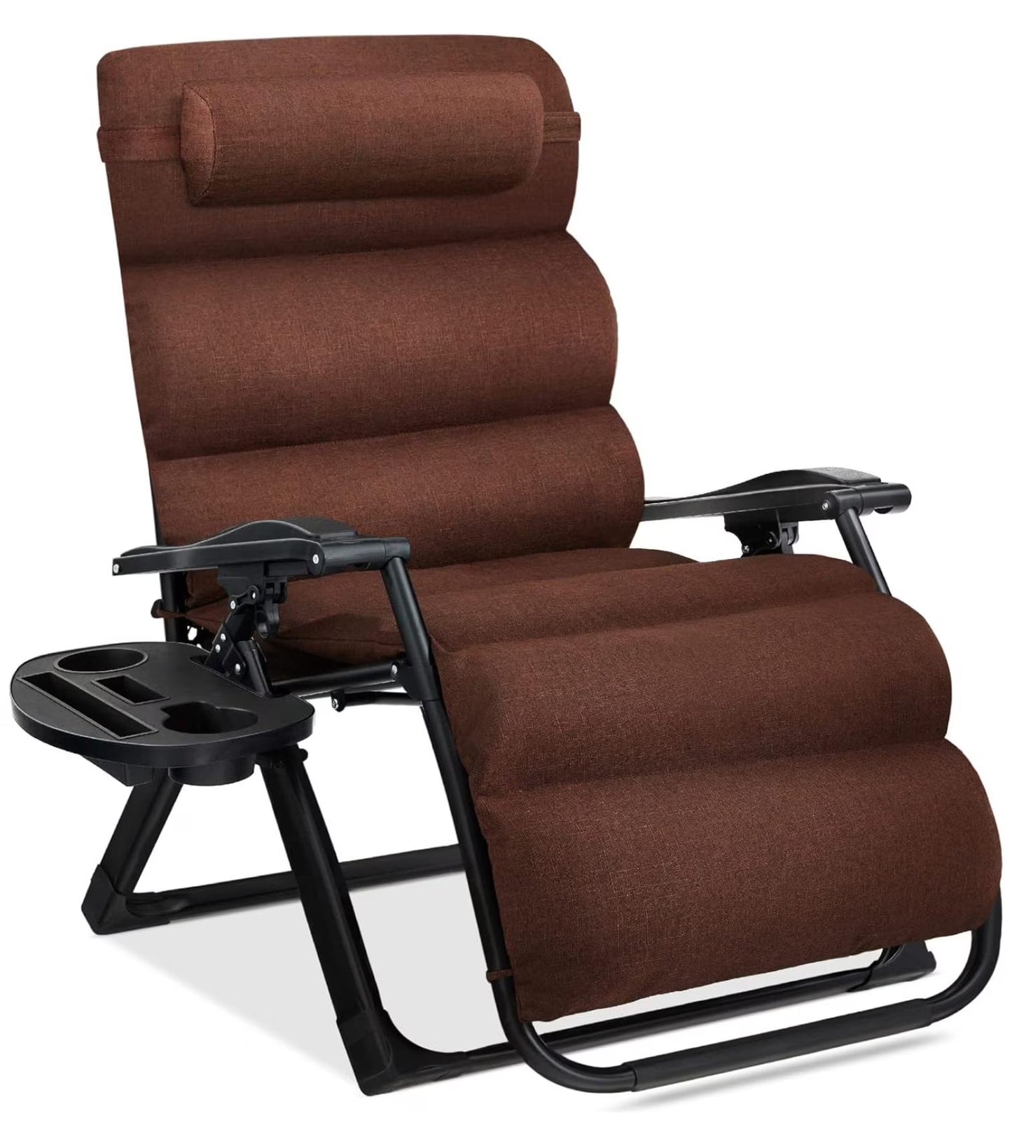 Oversized Chair, Folding Outdoor Patio Recliner, XL Anti Gravity Lounger w/Removable Cushion, Cup Holder, Side Tray, 350lb Capacity - Taupe