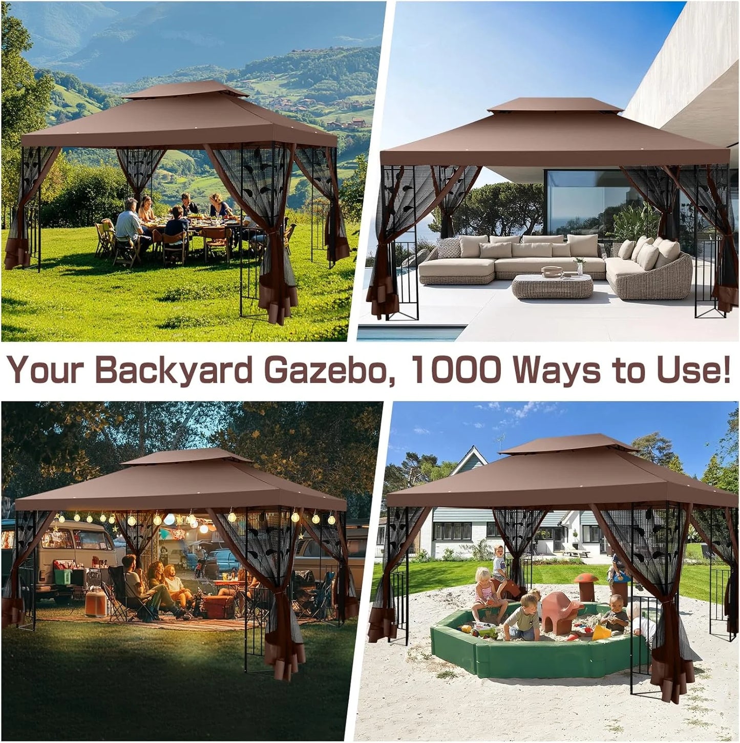 COBIZI 10' x 13' Pop Up Gazebo, Screened Patio Gazebo, Outdoor Steel Double Roof Canopy Tent, Metal Frame Canopy with Mosquito Netting, Sunshade for Garden, Lawns, Gray