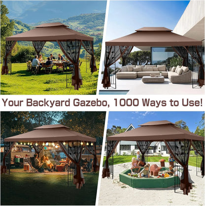 COBIZI 10' x 13' Pop Up Gazebo, Screened Patio Gazebo, Outdoor Steel Double Roof Canopy Tent, Metal Frame Canopy with Mosquito Netting, Sunshade for Garden, Lawns, Gray