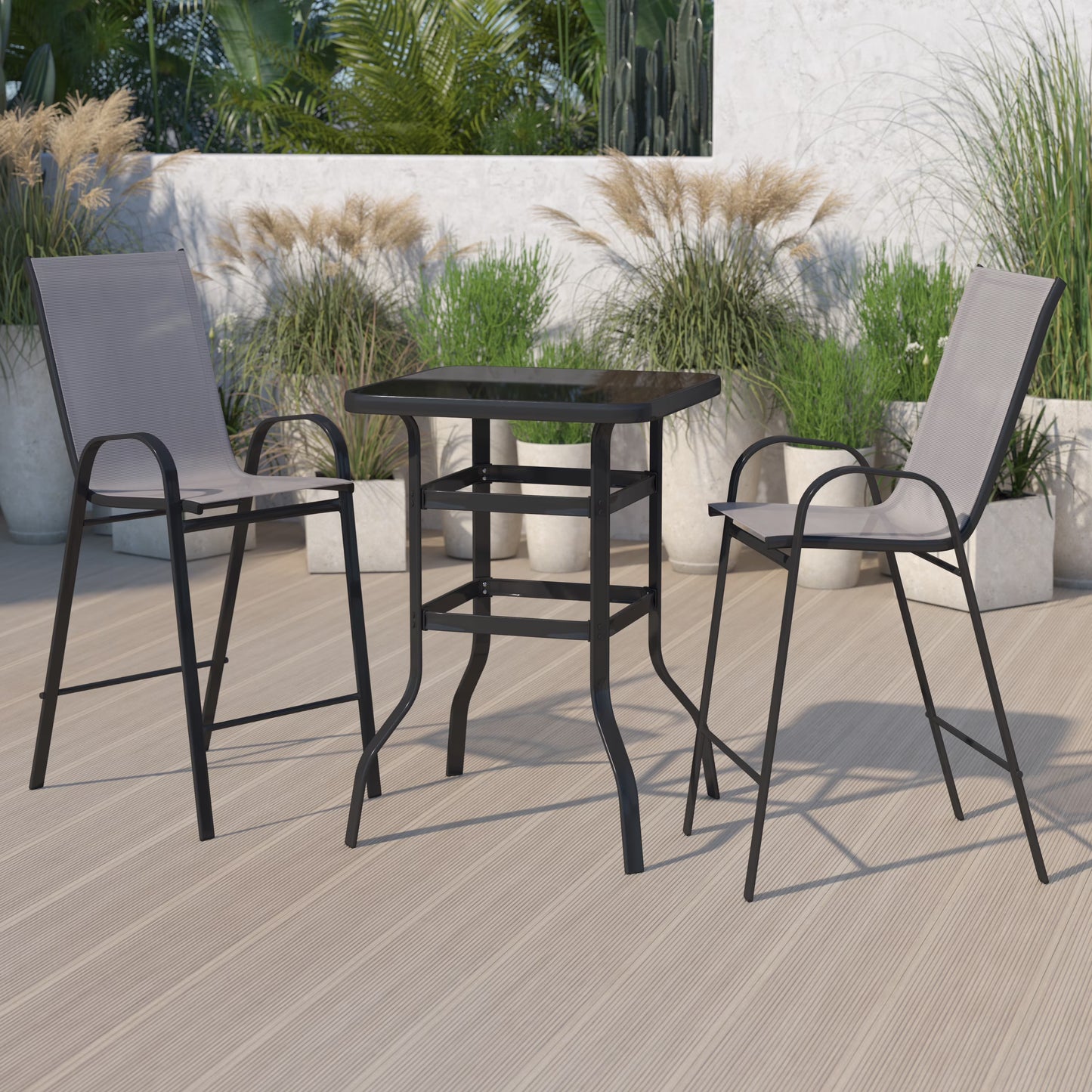 Emma + Oliver 3 Piece Outdoor Bar Height Set-Glass Patio Bar Table-Black All-Weather Barstools