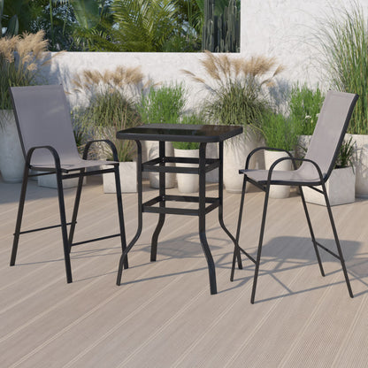 Emma + Oliver 3 Piece Outdoor Bar Height Set-Glass Patio Bar Table-Black All-Weather Barstools