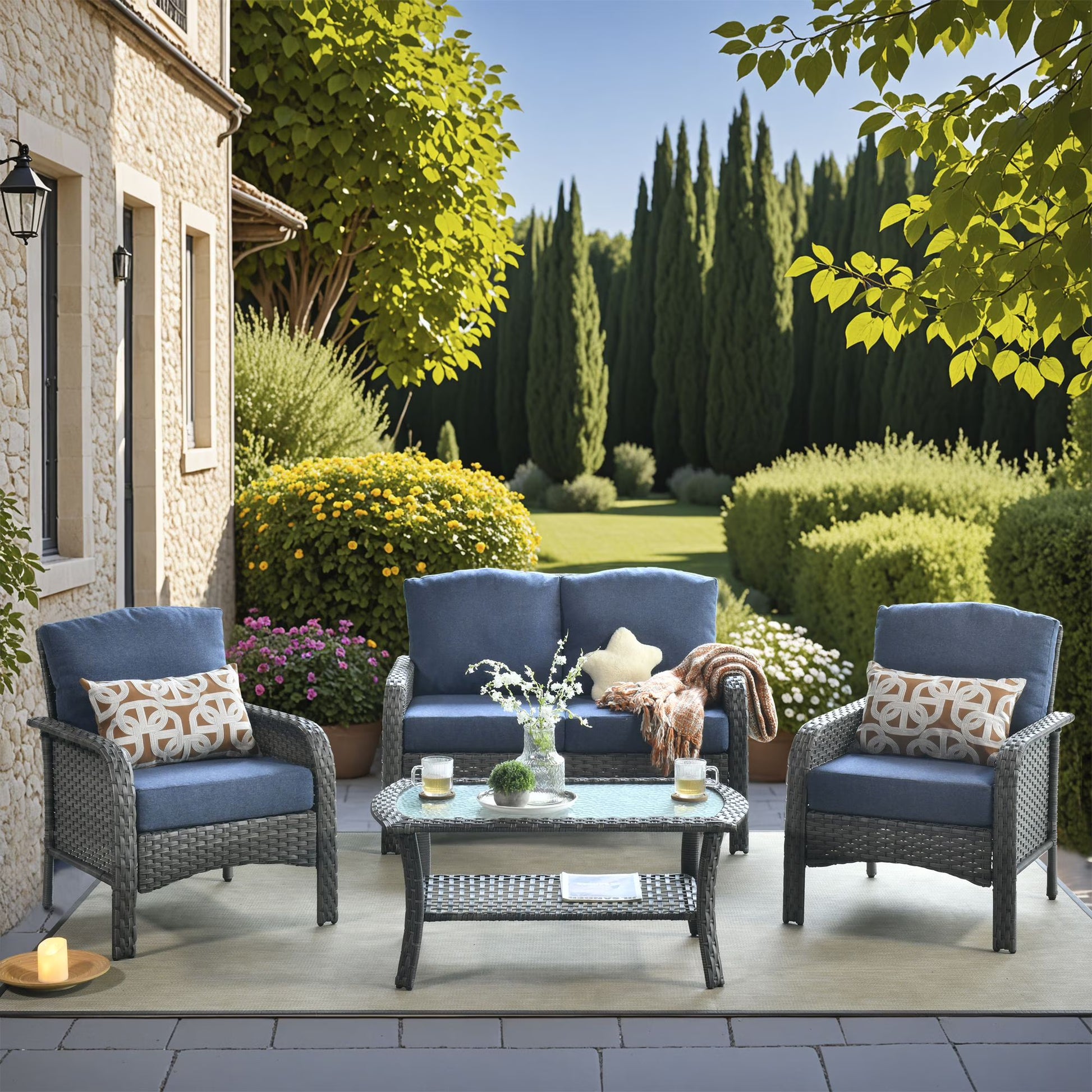 Vcatnet 4 Pieces Outdoor Patio Furniture All-weather Wicker Conversation Set with Coffee Table for Garden,Poolside,Gray