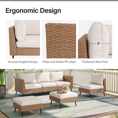 LAUSAINT HOME 6 Pieces Patio Conversation Set, Outdoor Sectional Wicker Sofa PE Rattan Furniture Set with Thick Cushions, Beige