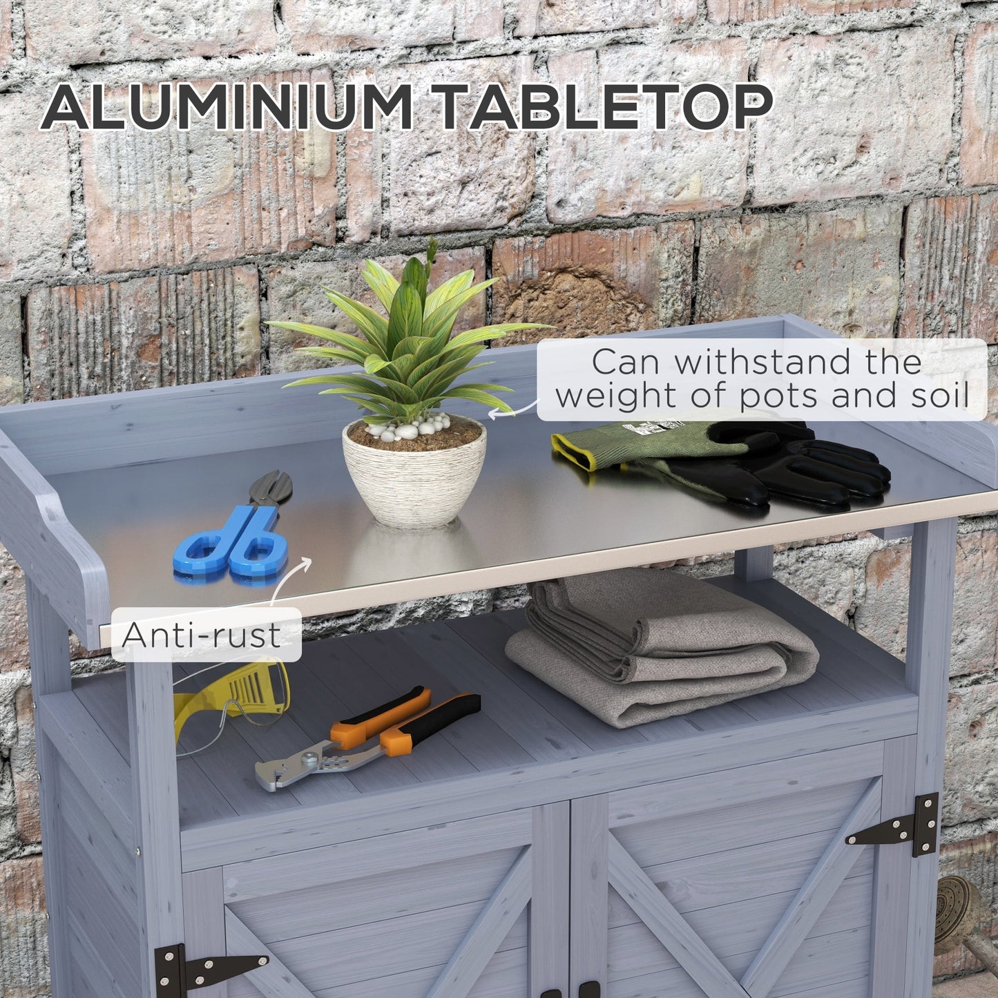 CoSoTower Outdoor Potting Bench, Wooden Potting Table with Storage Cabinet, Aluminum Table Top, Rubber Wheels for Backyard, Patio, Balcony, Gray