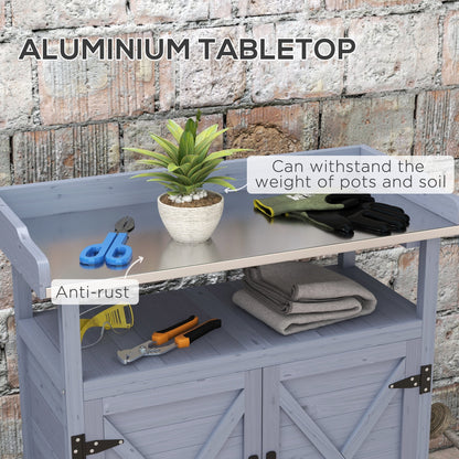 CoSoTower Outdoor Potting Bench, Wooden Potting Table with Storage Cabinet, Aluminum Table Top, Rubber Wheels for Backyard, Patio, Balcony, Gray