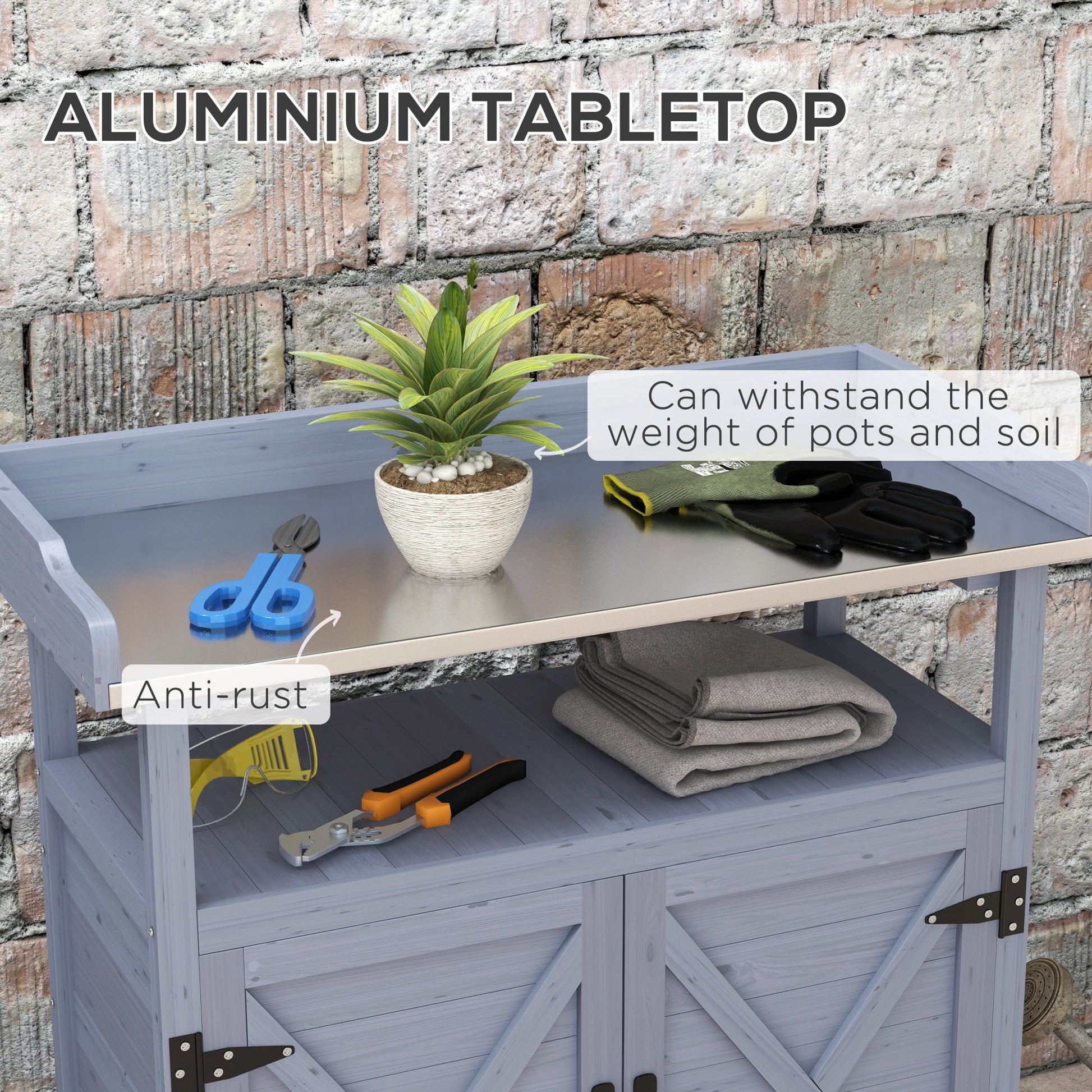 Outsunny Outdoor Potting Bench, Wooden Potting Table with Storage Cabinet, Aluminum Tabletop, Rubber Wheels for Backyard, Patio, Balcony, Gray