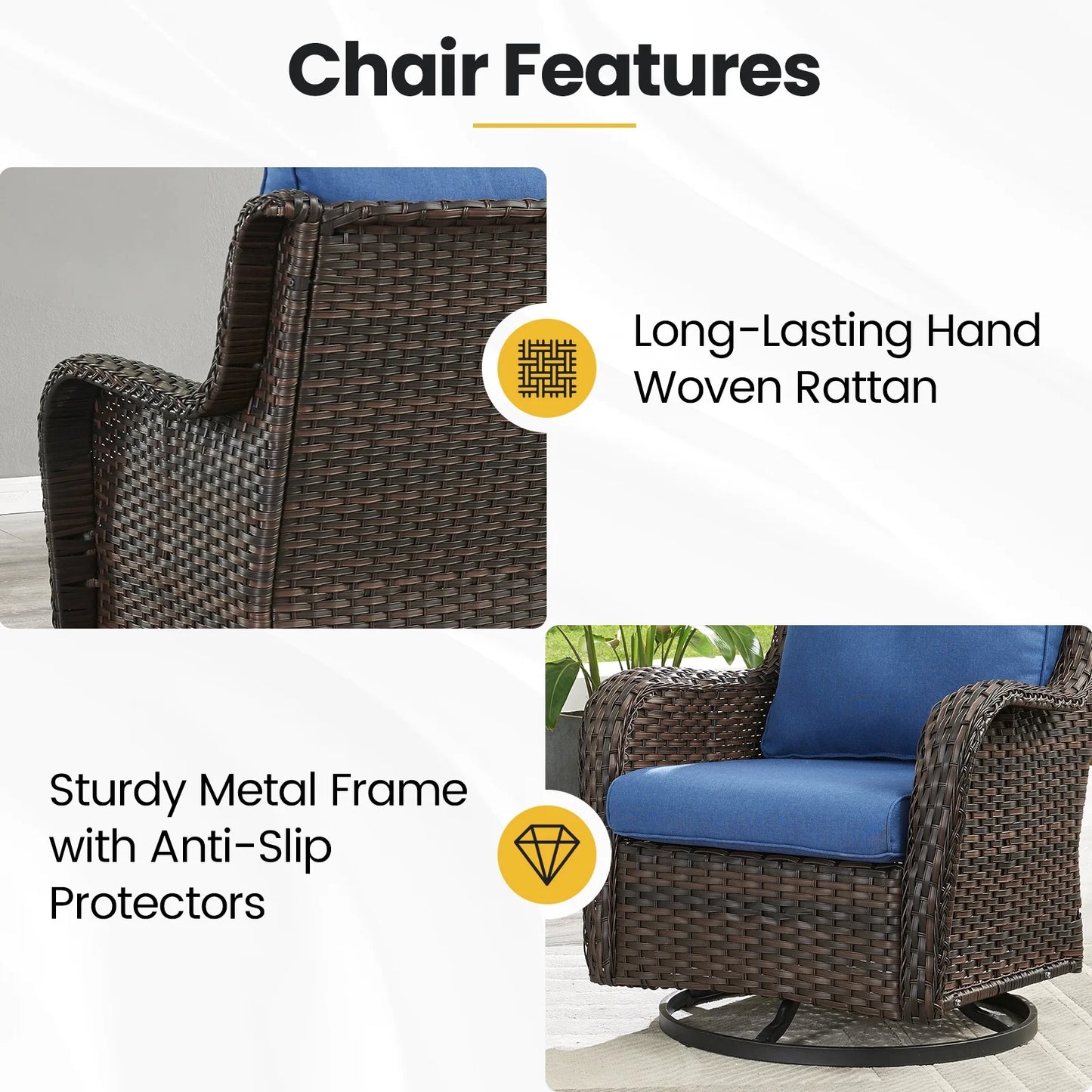 Gymojoy High Back Outdoor Swivel Rocker Patio Chairs Set of 2, All Weather Swivel Patio Glider Chairs with Thick Cushions for Porch, Poolside, Deck,Brown/Blue