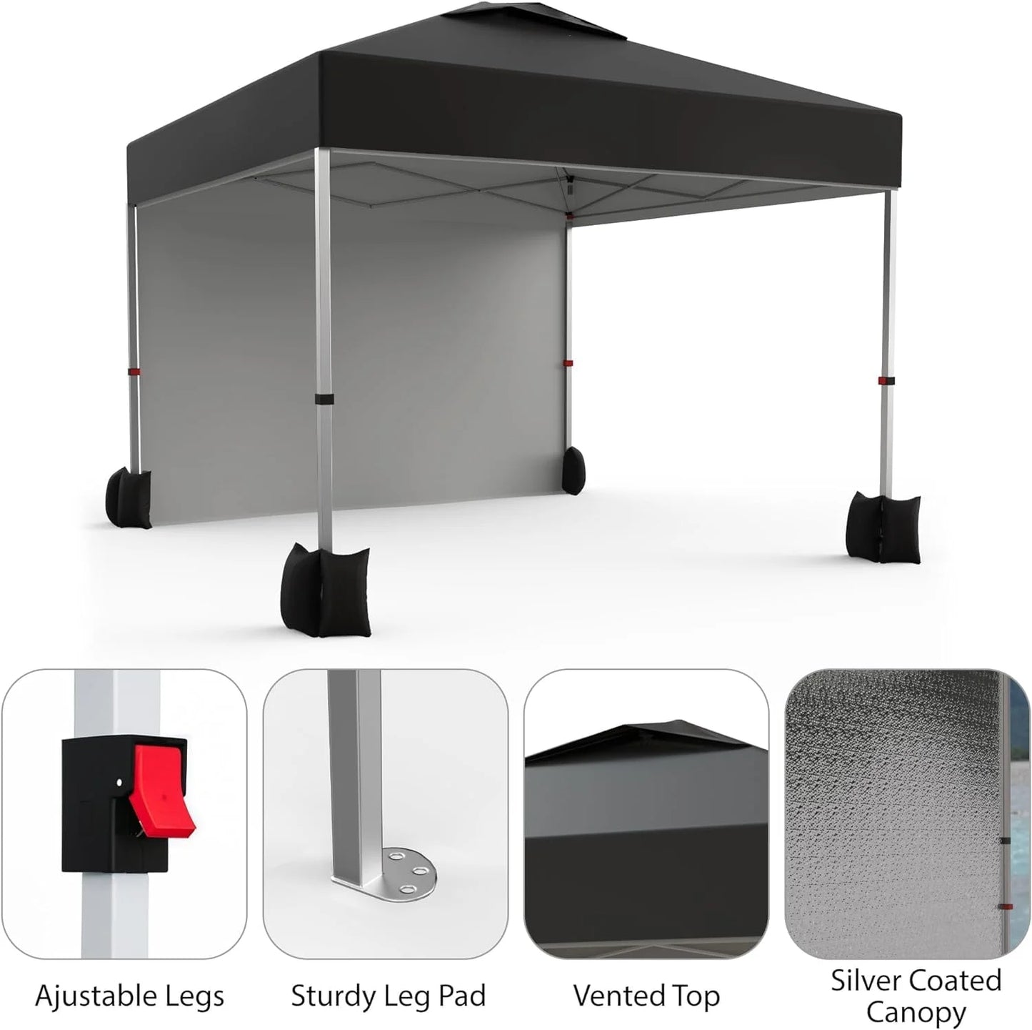 10x10ft Pop Up Canopy Tent with 1 Sidewall, Portable Instant Commercial Canopy Patio Tent with Vented Top Roller Bag 4 Sandbags 4 Ropes and 8 Tent Stakes