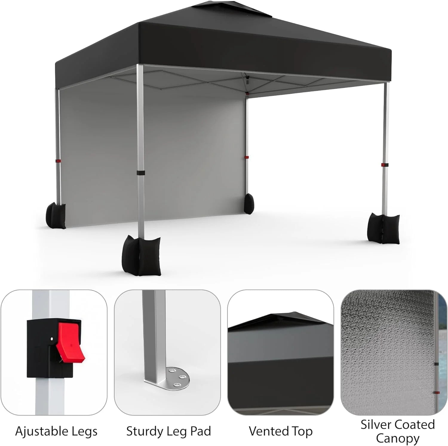 10x10ft Pop Up Canopy Tent with 1 Sidewall, Portable Instant Commercial Canopy Patio Tent with Vented Top Roller Bag 4 Sandbags 4 Ropes and 8 Tent Stakes