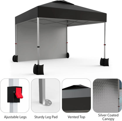 10x10ft Pop Up Canopy Tent with 1 Sidewall, Portable Instant Commercial Canopy Patio Tent with Vented Top Roller Bag 4 Sandbags 4 Ropes and 8 Tent Stakes