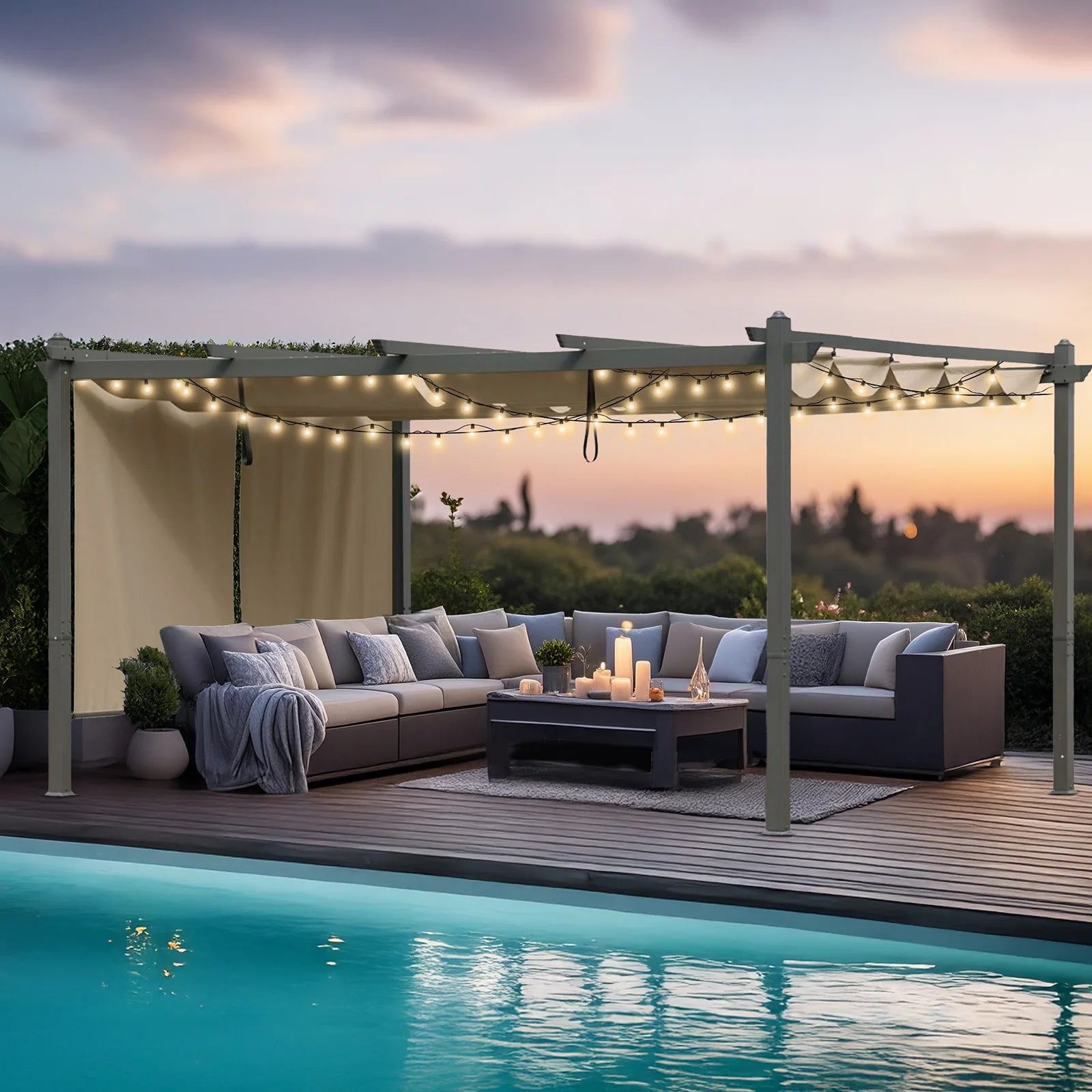 BPS 16' x 12' Outdoor Pergola with Retractable Canopy & Adjustable Sun Shade, Patio Aluminum Pergolas Gazebos, Khaki