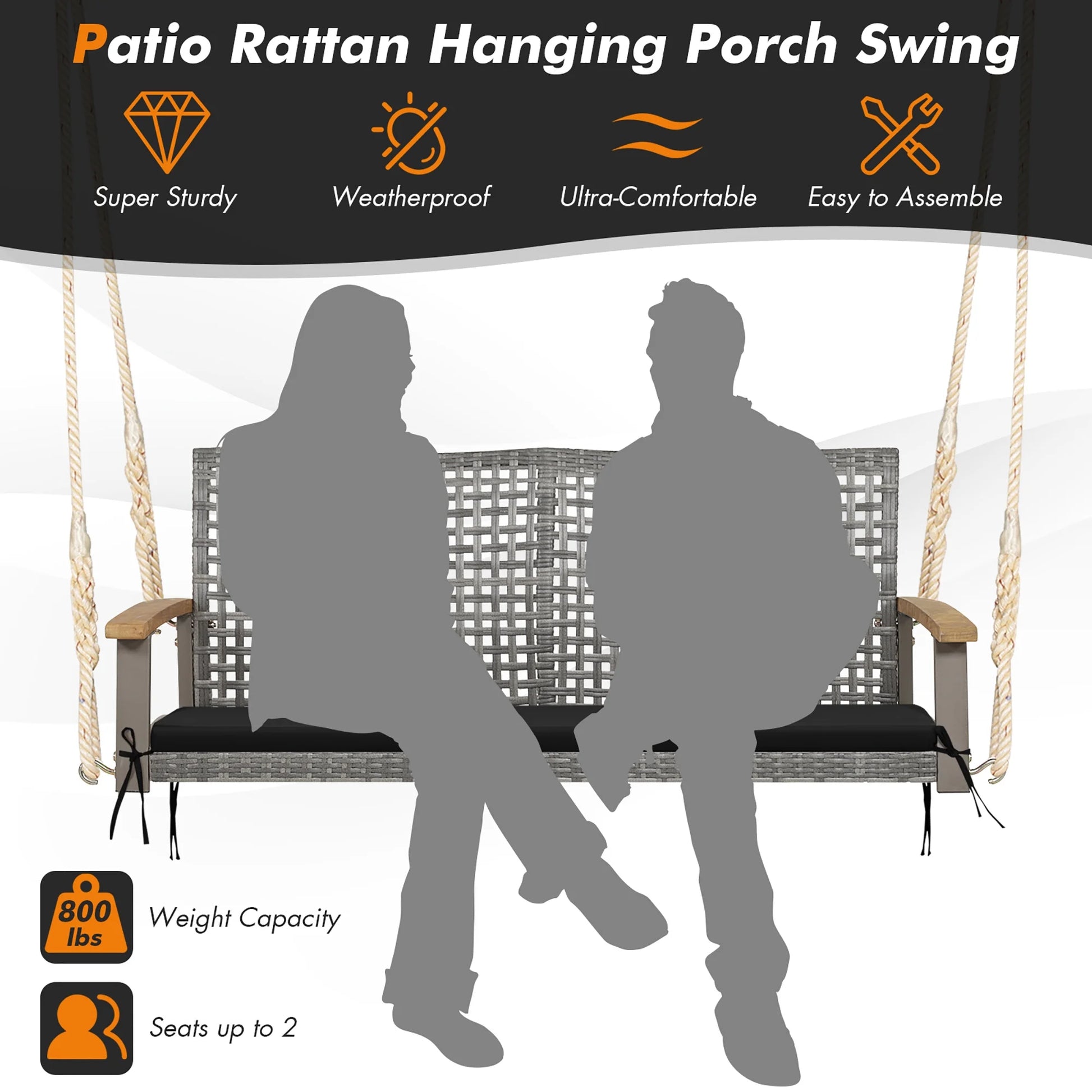 Costway 2-Person Patio Wicker Hanging Swing Chair Loveseat Cushion Porch Black