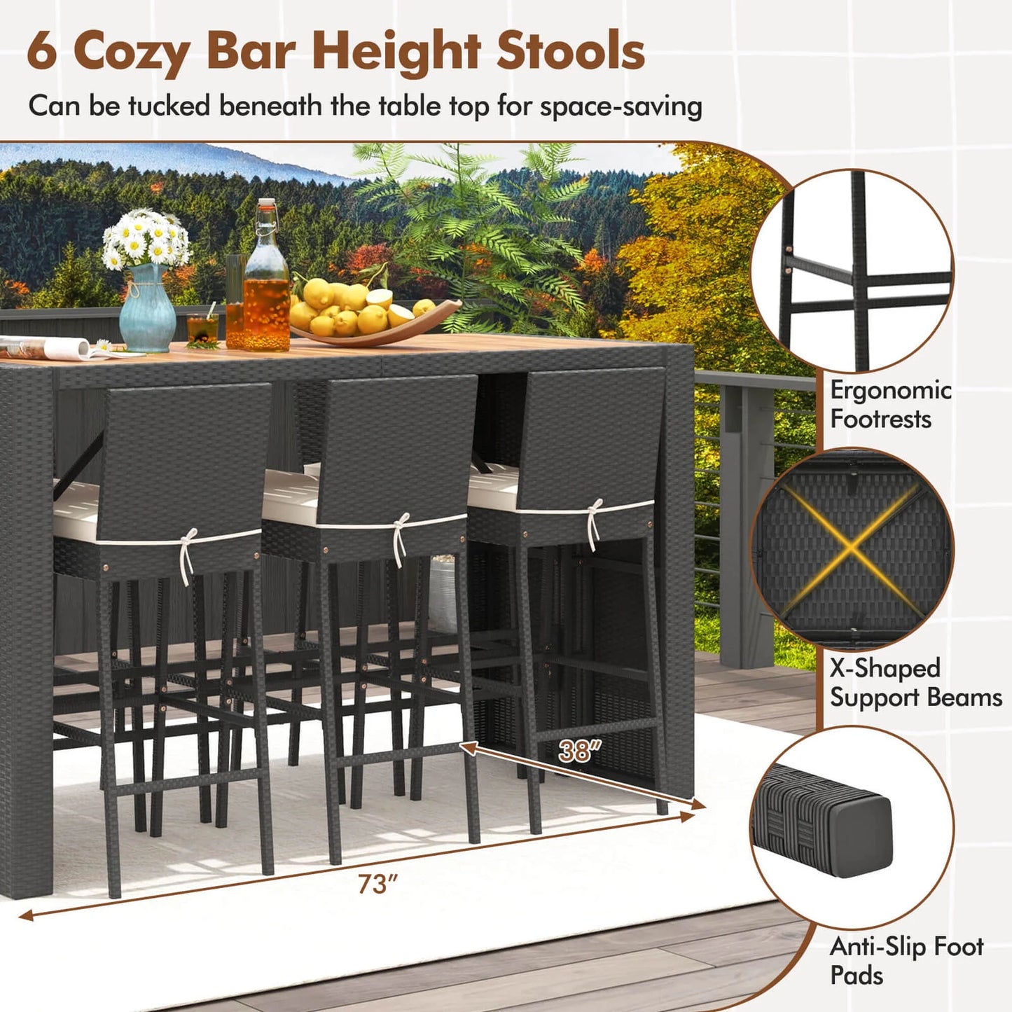 Costway 7 Pieces Patio Bar Set with Acacia Wood Tabletop & Removable Cushions Outdoor