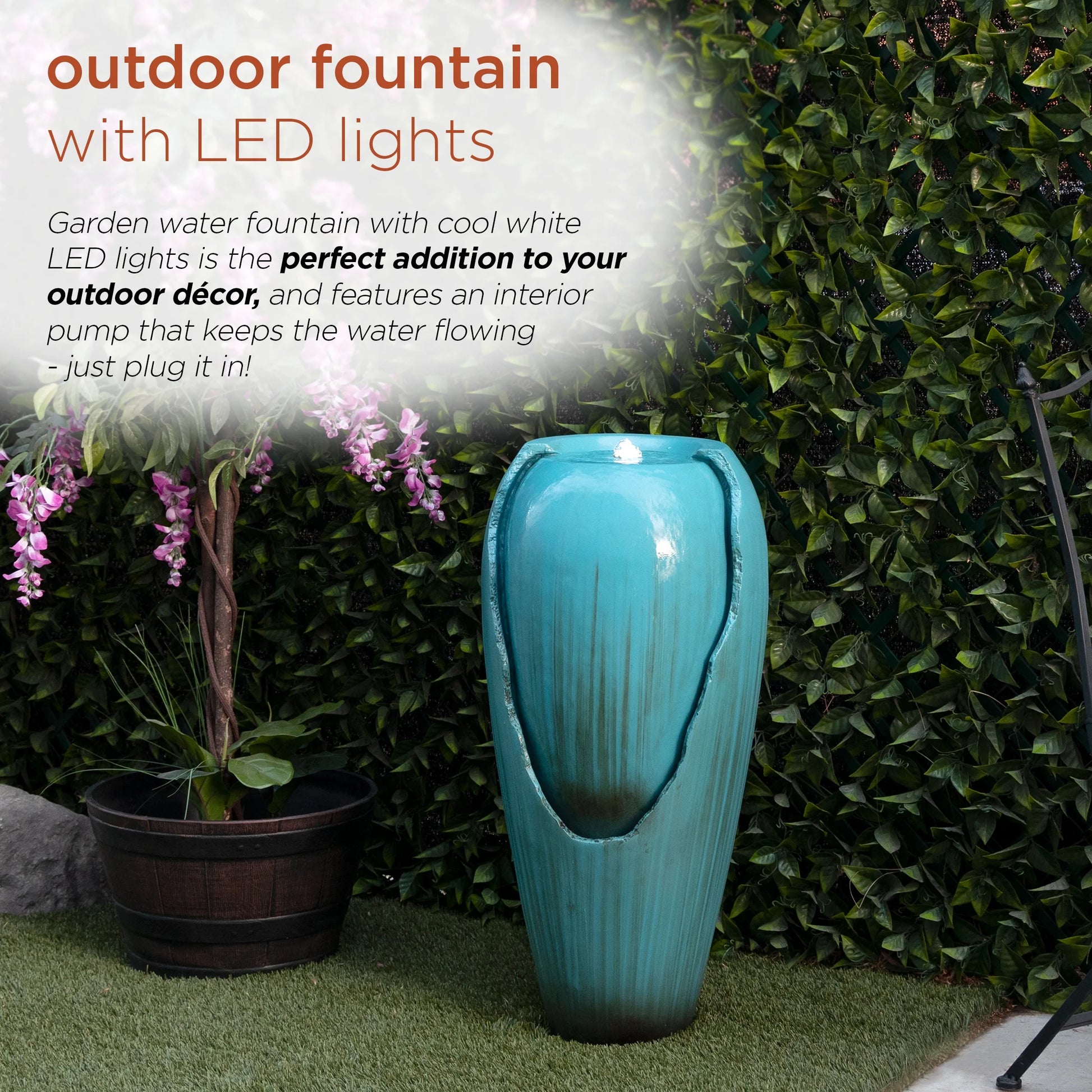 Alpine Corporation - 33" Tall Outdoor Antique Jar Water Fountain with LED Lights, Vintage Light Waterfall Relaxing Garden Fountain for Patio, Deck, or Yard (Turquoise)