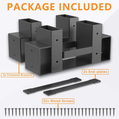 Mr IRONSTONE Adjustable Firewood Log Storage Rack Bracket Kit - Convenient Wood Rack Length Adjustment - Outdoor Indoor Patio Deck Metal Log Holder with 34 Accessories