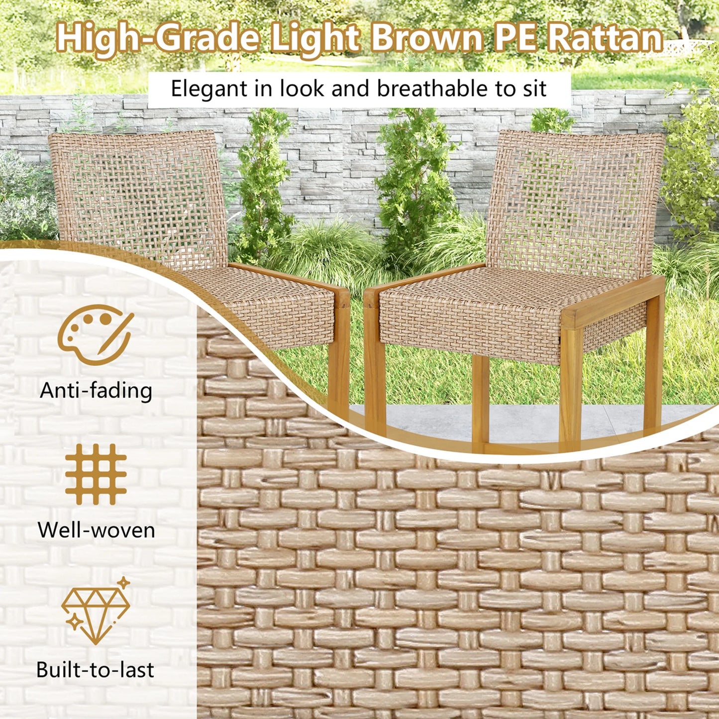 Costway Set of 2 Patio Wood Barstools Rattan Bar Height Chairs with Backrest Porch Balcony