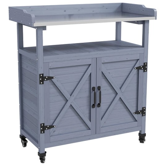 Outsunny Outdoor Potting Bench, Wooden Potting Table with Storage Cabinet, Aluminum Tabletop, Rubber Wheels for Backyard, Patio, Balcony, Gray