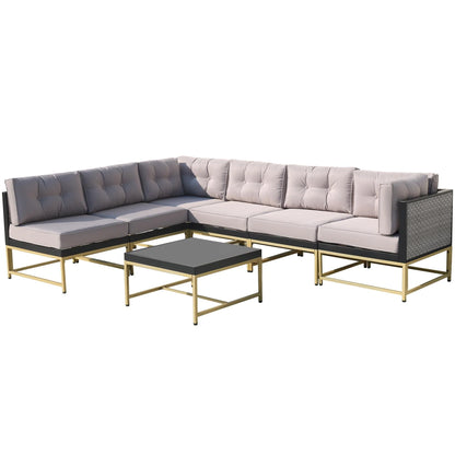 Patio Outdoor Furniture Sets, 7 Pieces All-Weather Rattan Sectional Sofa with Tea Table and Cushions, PE Rattan Wicker Sofa Couch Conversation Set for Garden Backyard Poolside