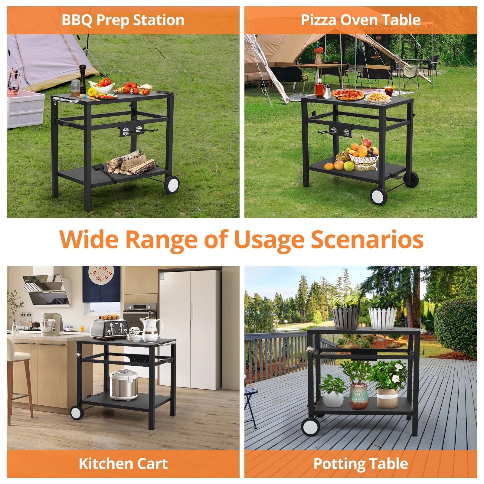 Outdoor Grill Cart Pizza Oven Stand, Double-Shelf Outdoor Movable Dining Cart Table Outdoor with Wheels & Hooks, Side Handle, Stainless Steel Kitchen Work Table Cart for Bar, Patio, Camping(Black)