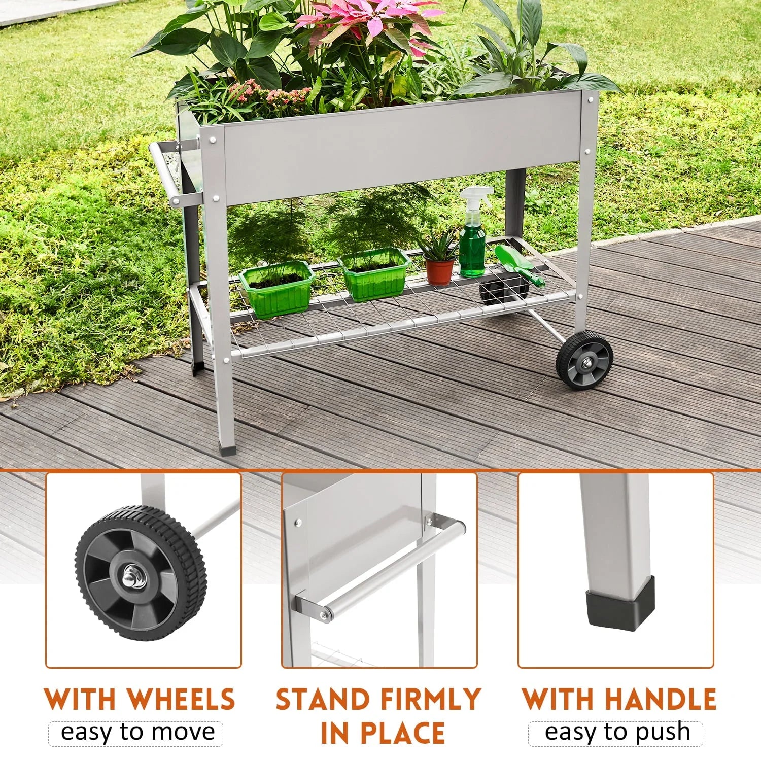 Pushable Grey Metal Raised Garden Bed, Outdoor/Indoor Garden Pots with Handles, Wheels and Shelves, Apartment Patio Stand for Vegetables Flowers Fruits from EXCITED WORK-37.5 inches Long