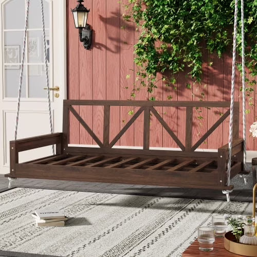Patio Twin Size Swing Bed, A-cacia Wood Porch Swing Daybed with Hemp Ropes, Safe Sloped Design, Patio Hanging Swing Sofa Bed for Backyard, Garden, Pool, White