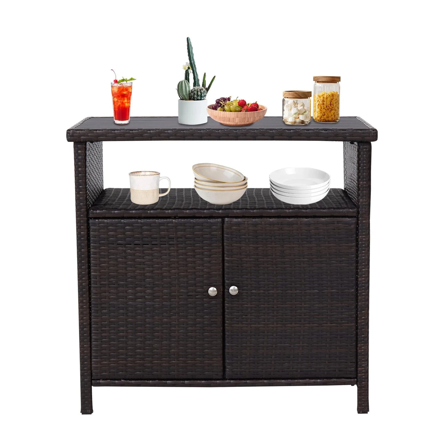 Kinbor Outdoor Wicker Storage Cabinet, Patio Bar Tables with Two Doors & Shelves, Weatherproof Storage Console Table, Dark Brown