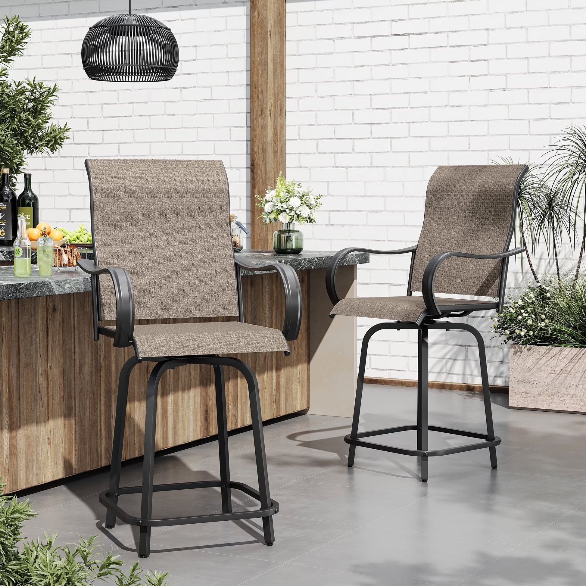 ECOPATIO Outdoor Swivel Bar Stool Collection Kids High Back Weather-Resistant - Set of 2, Light Gray