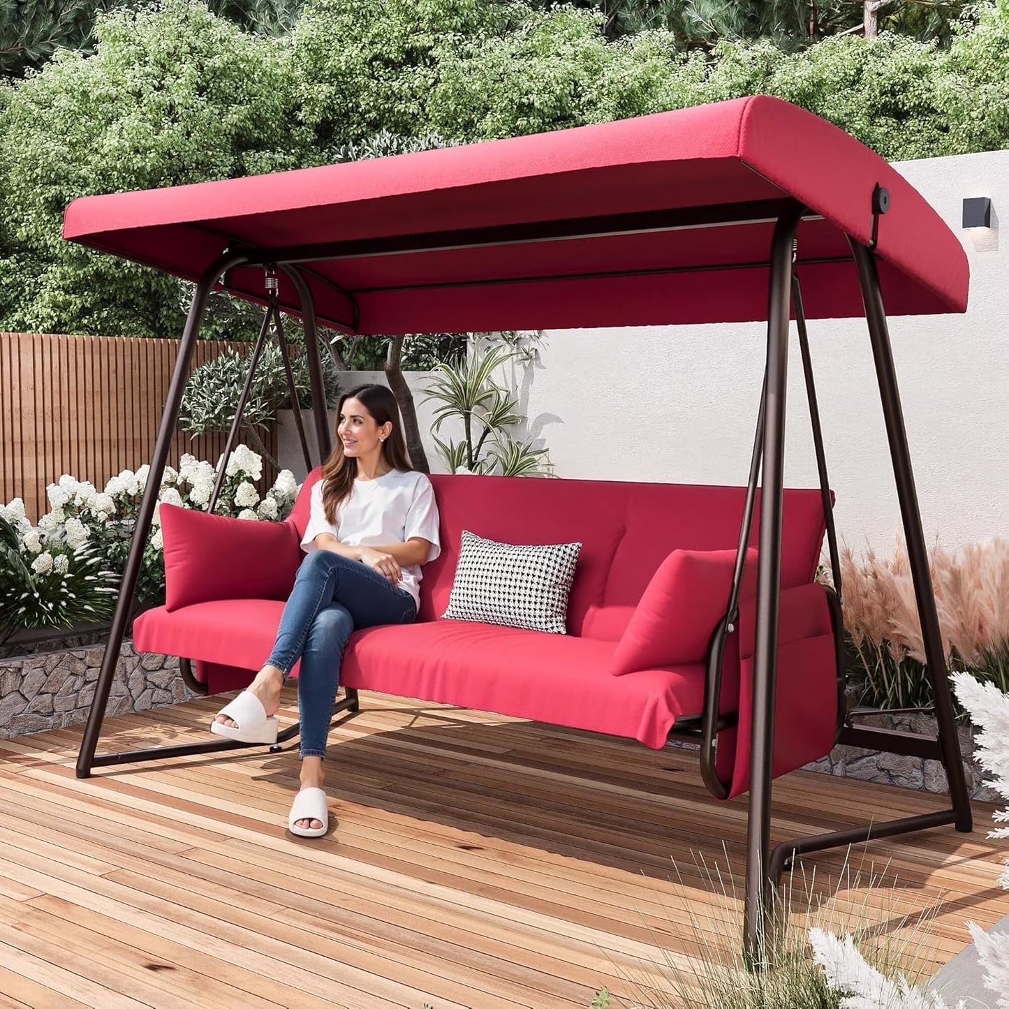 CHINNLUU Oversized 4 Person Porch Swing with Stand 800 LBS Capacity Adjustable Canopy Backrest Includes Cushions Pillows Patio 2 in 1 Swing Bed for Backyard Garden Poolside, Champagne