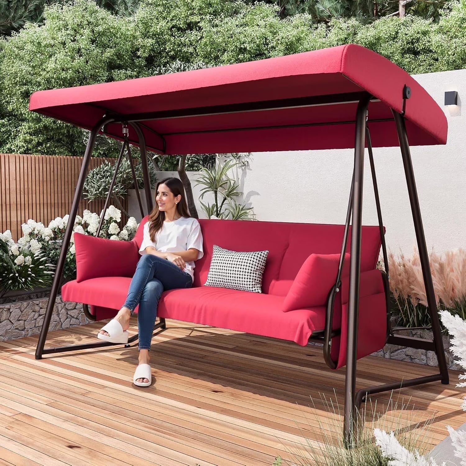 CHINNLUU Oversized 4 Person Porch Swing with Stand 800 LBS Capacity Adjustable Canopy Backrest Includes Cushions Pillows Patio 2 in 1 Swing Bed for Backyard Garden Poolside, Champagne