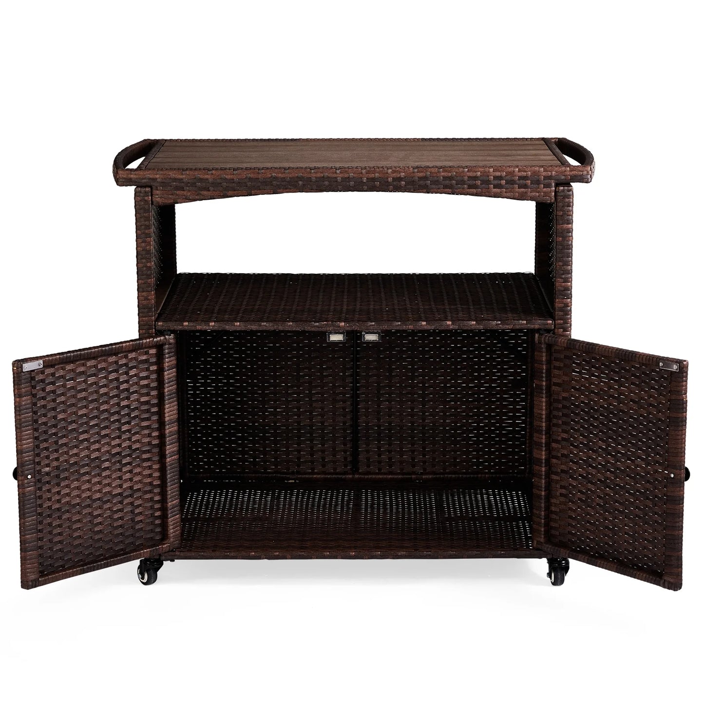 Zimtown Outdoor Patio Ratten Bar Counter Table w/Handrai and 2 Doors, 4 Wheel Water-proof Wicker Bar Table, Storage Cabinet Cart, Brown