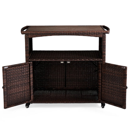 Zimtown Outdoor Patio Ratten Bar Counter Table w/Handrai and 2 Doors, 4 Wheel Water-proof Wicker Bar Table, Storage Cabinet Cart, Brown