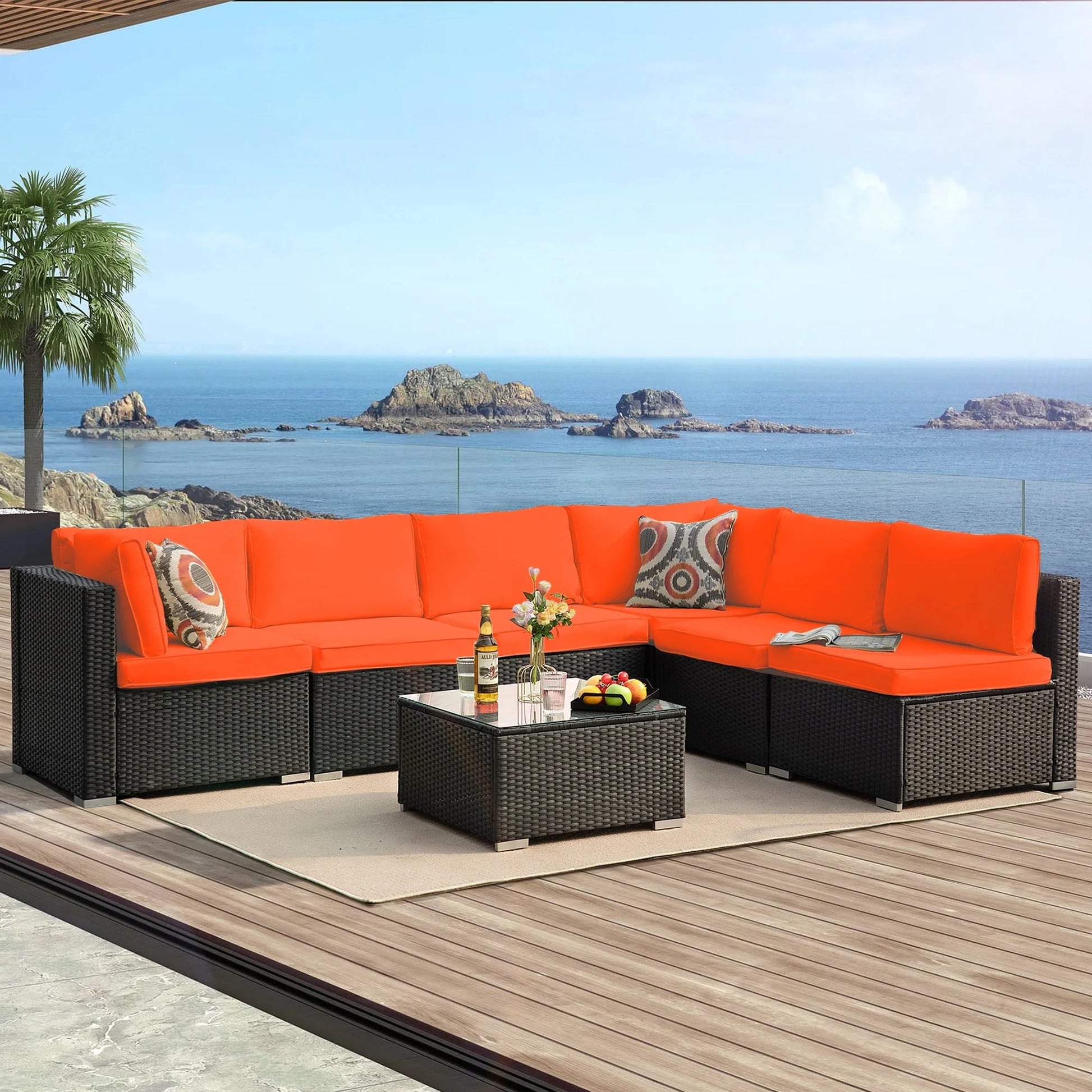 Olmia 7 Piece Patio Furniture sets PE Rattan Wicker Sectional Sofa Set, with Tea Table and Washable Couch Cushions, for Garden Poolside& Patio, Black+Orange