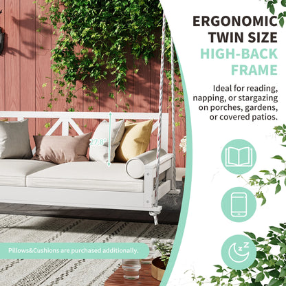 Wood Twin Size Patio Swing Bed, Modern Porch Swing Hanging Daybed with 16.4ft Hemp Ropes, Comfortable Porch Swing Bed for Relaxing on Patio, Porch, Backyard and Garden Spaces, White