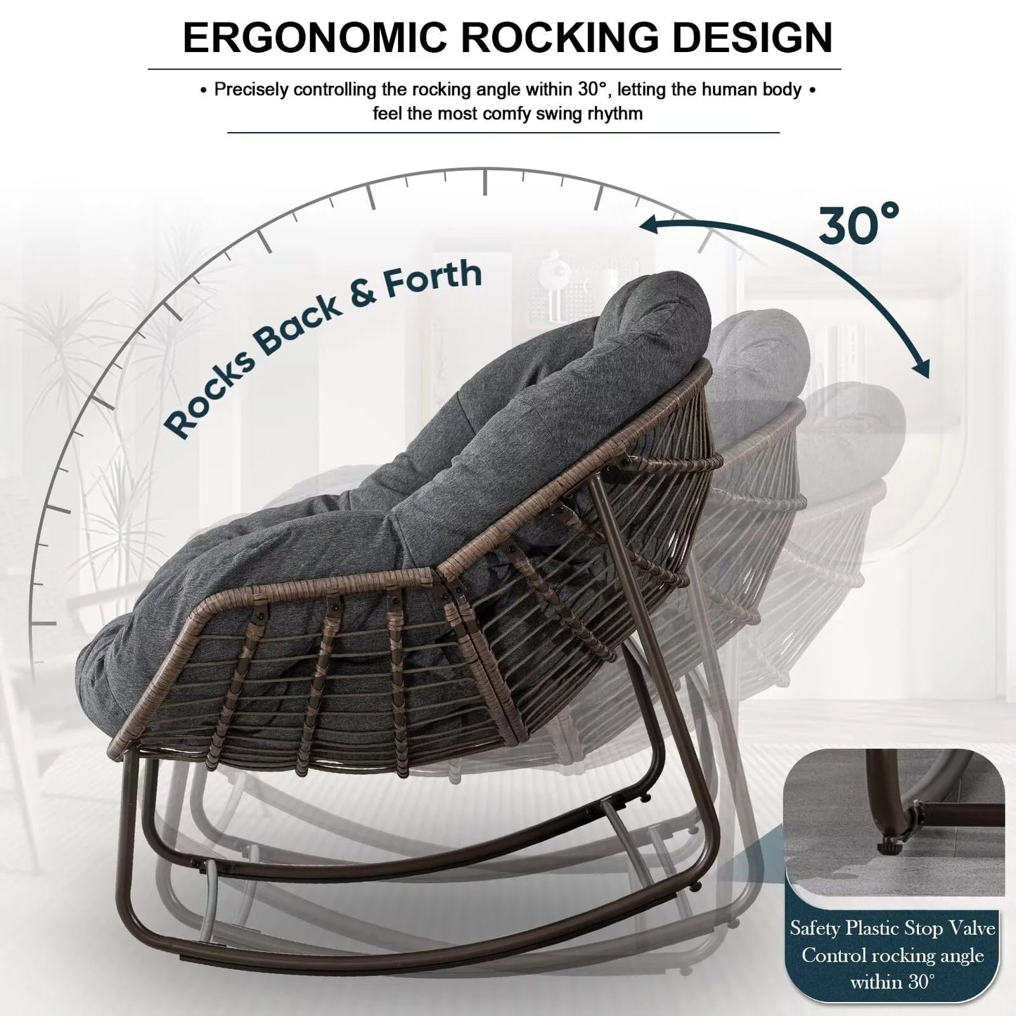 Outdoor Papasan Rocking Chair, Patio Oversized Wicker Egg Rocking Chair, Indoor & Outdoor Comfy Rocker Chair with Thick Cushion, Modern Lounge Chair for Front Porch, Garden, Backyard, Grey