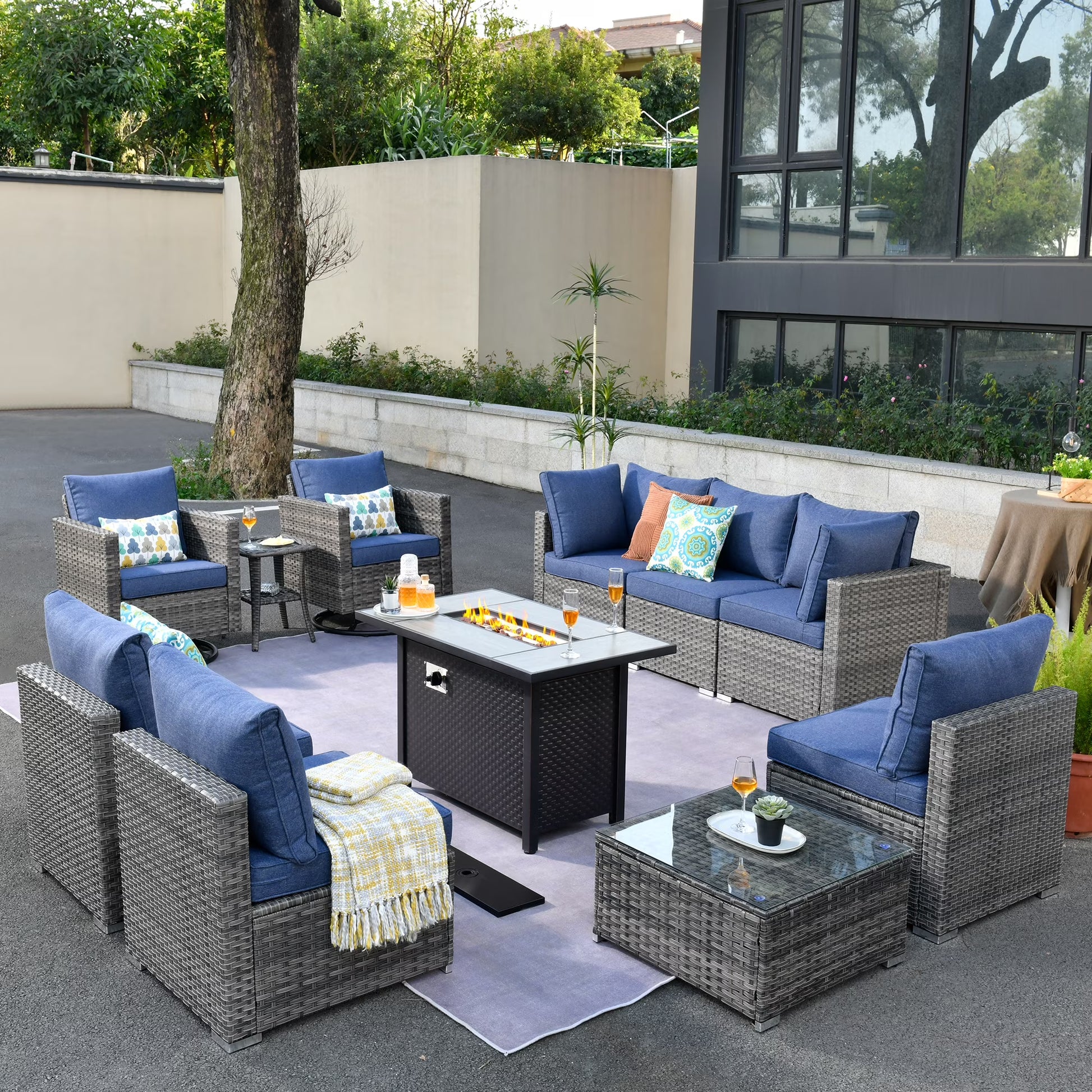 Ovios 11 Pieces Patio Fire Pit Set Outdoor Wicker Sectional Sofa Conversation Set with Swivel Rocking Chairs and Side Table,Dark Gray