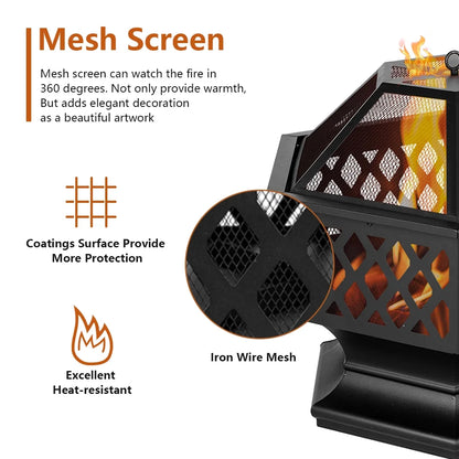 Outdoor Wood Burning Fire Pit, 24" Hexagon Metal Fire Pit for Patio with Poker, Spark Screen, Hex Shaped Fire Pit BBQ Grill, Garden Firepit Stove for Camping Picnic Bonfire Backyard, JA2419