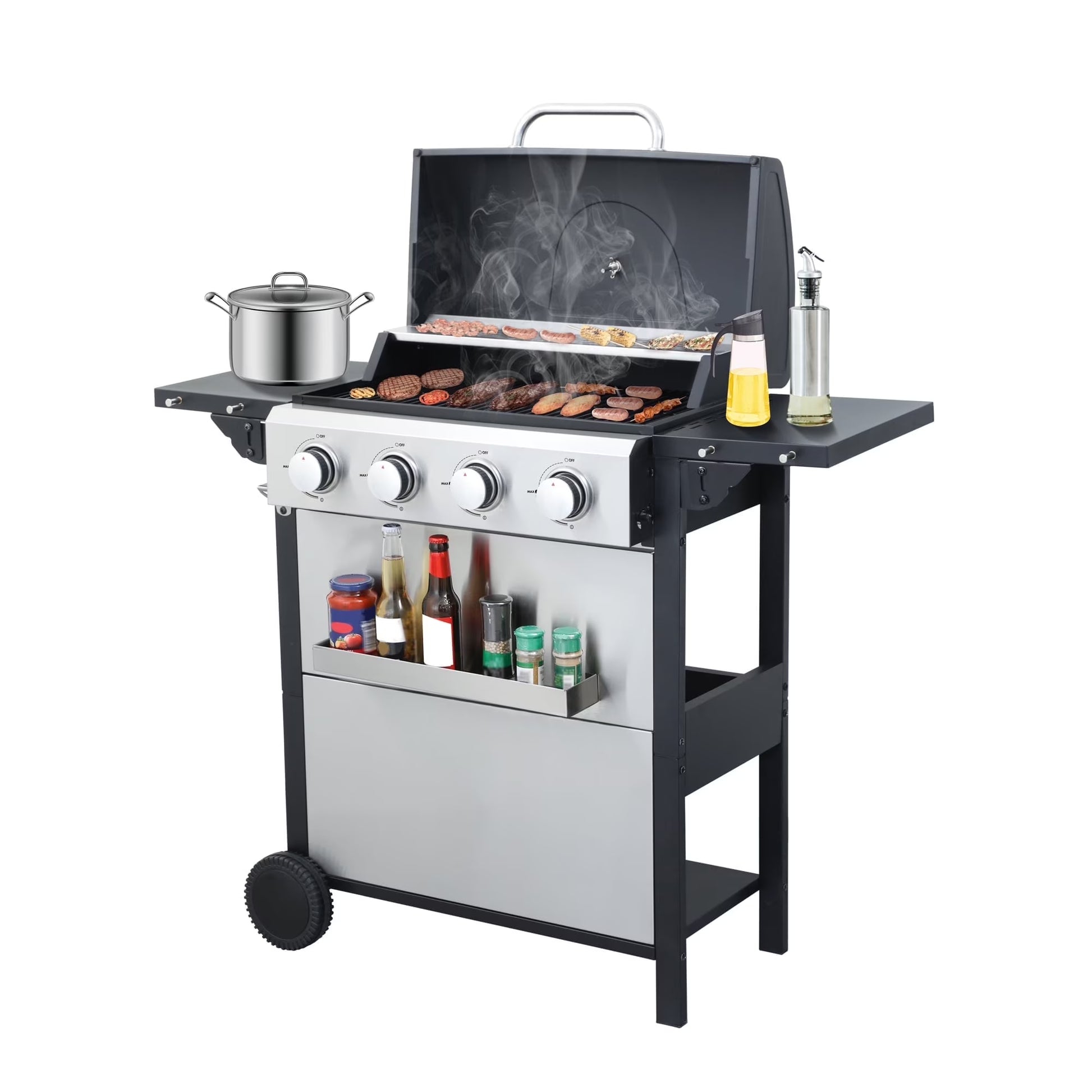 3-Burner Propane Gas Grill with 2 Foldable Side Tables, 30,000 BTU Outdoor BBQ Stainless Steel Grill with Porcelain-Enameled Cast Iron Grates and Thermometer, Easy Assembly for Patio, Backyard BBQ