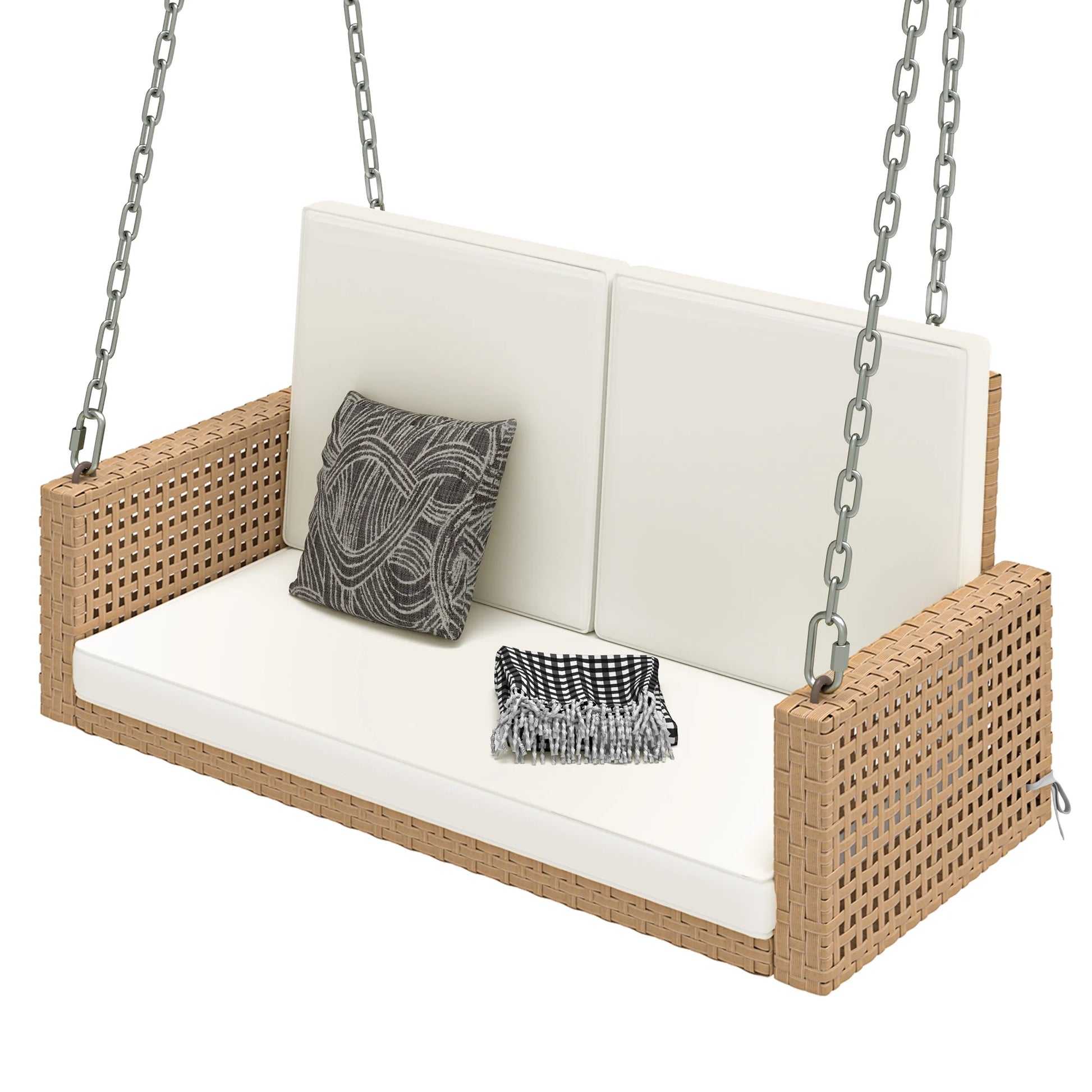 Uforic 2-Person Patio Rattan Hanging Porch Swing Bench Chair Cushion - Beige