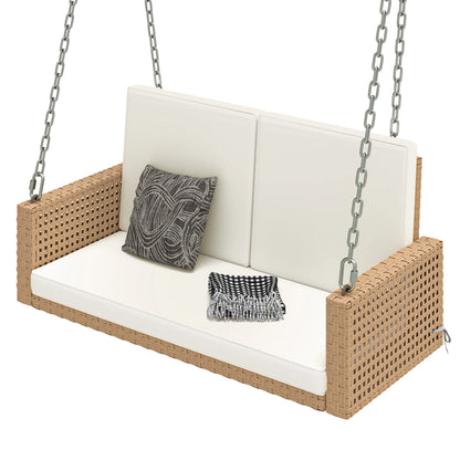 Uforic 2-Person Patio Rattan Hanging Porch Swing Bench Chair Cushion - Beige