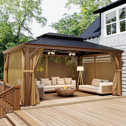 COSIEST 12'x16' Hardtop Gazebo Rustproof Double Roof Metal Roof with Netting and Curtains,Durable Outdoor Pavilion for Patio,Lawn and Garden