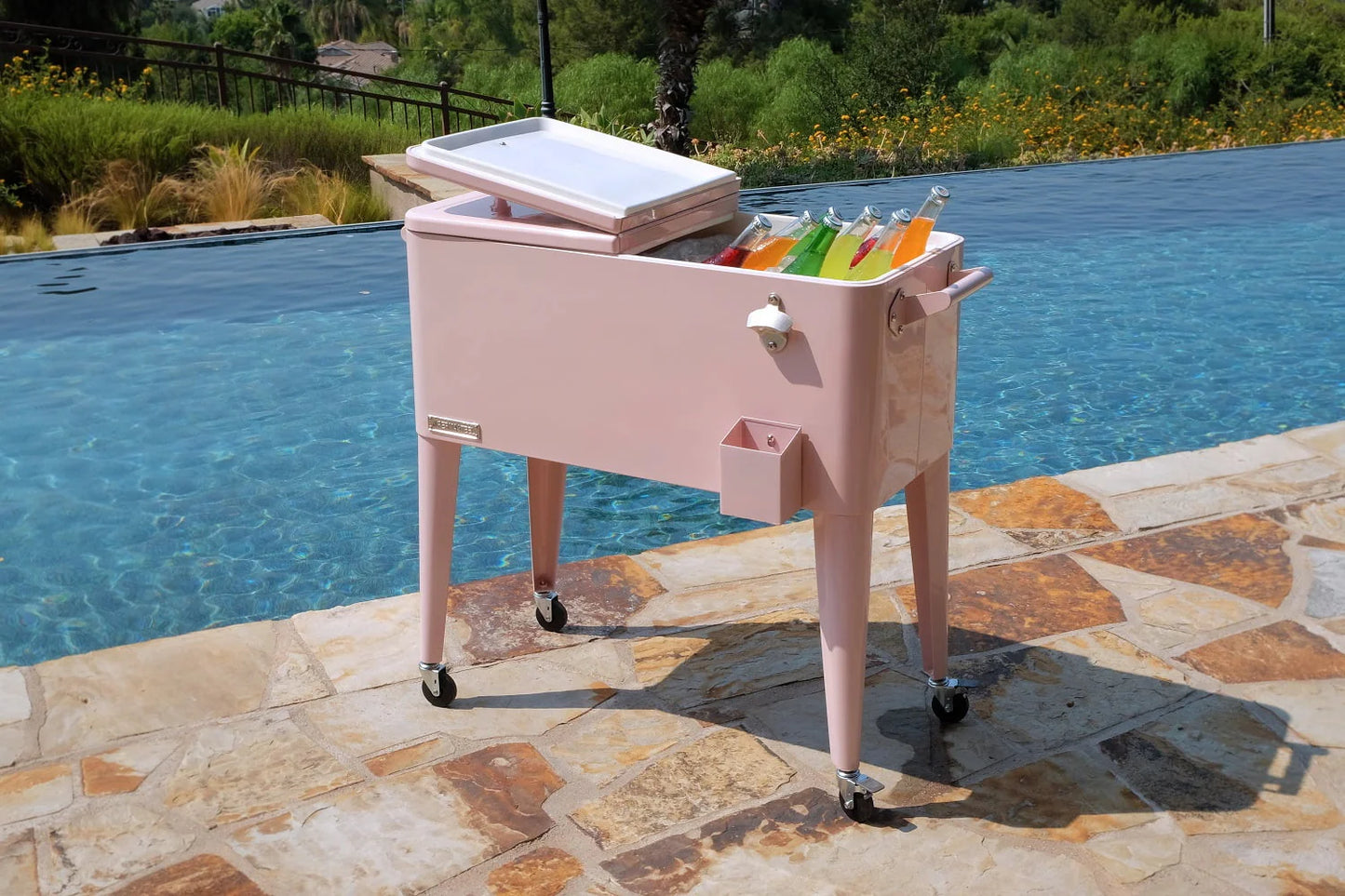 Permasteel 80-Qt Classic Outdoor Steel Patio Cooler on Wheels, Beverage Rolling Cart, Pink