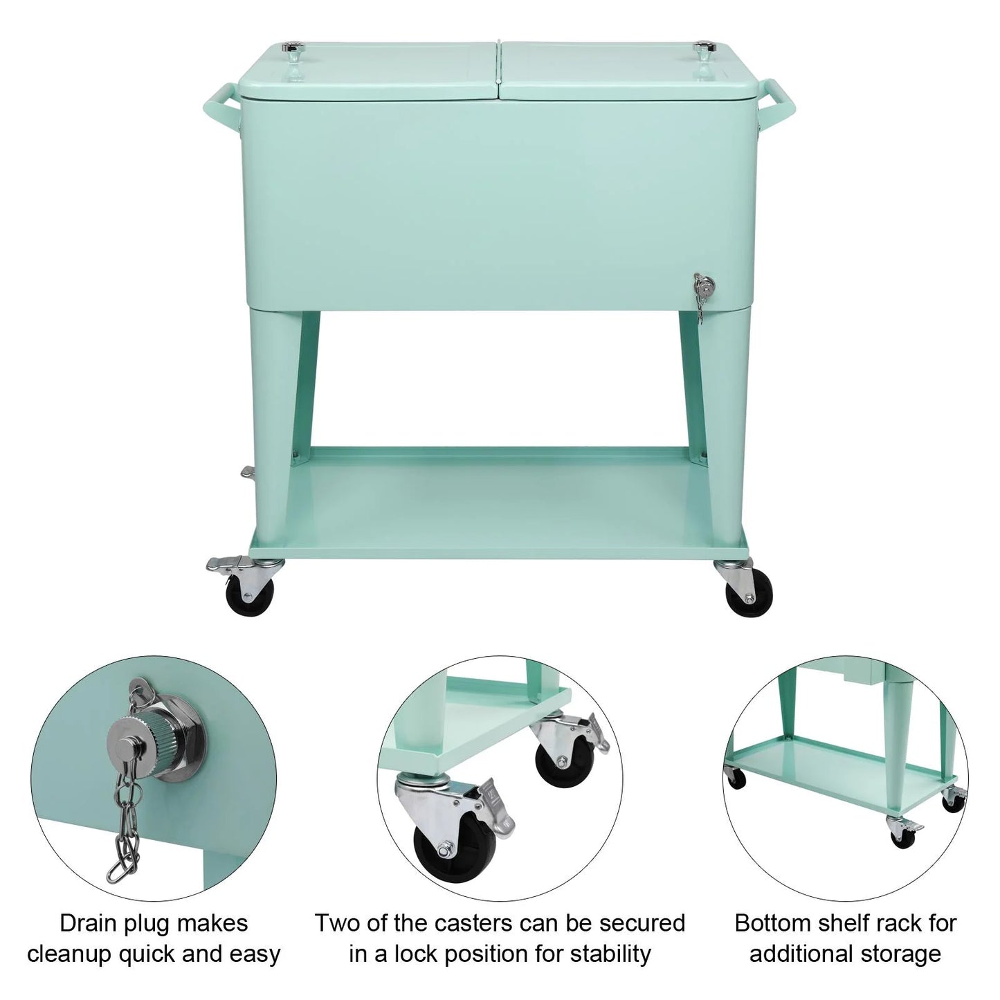 EasingRoom Iron Spray Plastic Patio Cooler Cart with Tray Cooler with Shelf Green
