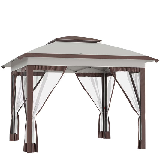 12' X 12' Pop Up Canopy Tent with Netting and Carry Bag,Double Canopy, Instant Sun Shelter with 137 Sq.ft Shade, Tents for Parties, Height Adjustable, for Outdoor, Garden, Patio, Beige and Brown