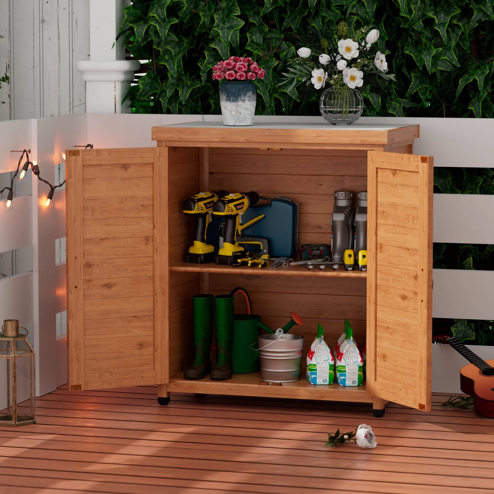 Durable Cedar Potting Bench w/Storage Cabinet & Metal Top - 31" Gray Outdoor Work Station for Patio, Balcony, Garden - Weather-Resistant, Stable X-Design