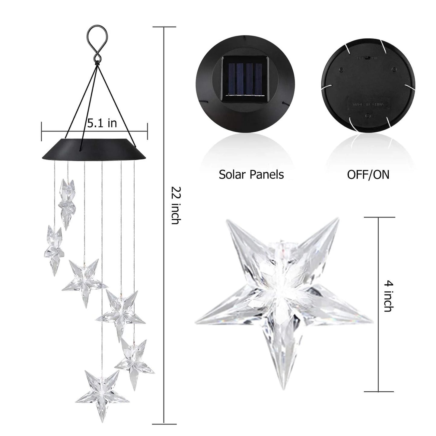 Solar Power Wind Chime, Color-Changing Star LED Wind Chime Waterproof Outdoor Decorative Automatic Wind Mobile Bell Light for Patio Yard Garden Home