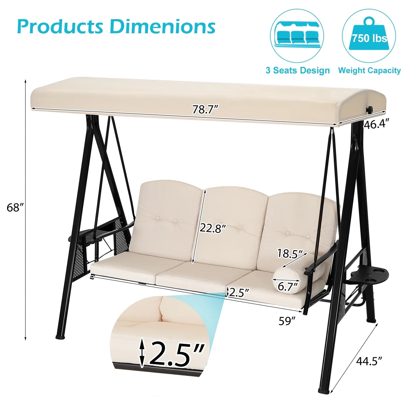 AECOJOY 3 Persons Outdoor Patio Canopy Steel Porch Swing Chair-Beige, Porch Swing