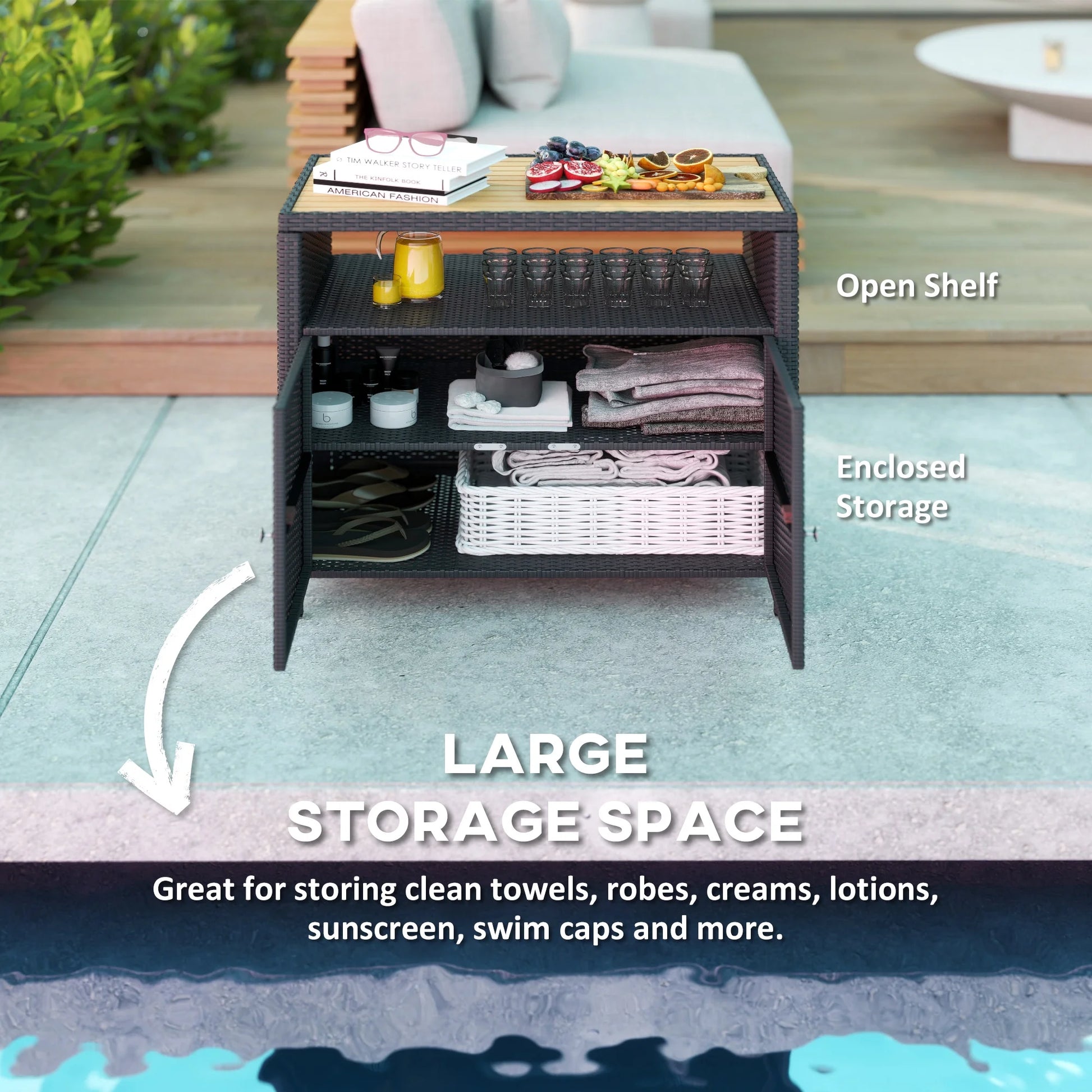 Outsunny Rattan Outdoor Storage Cabinet, Wicker Bar Table with Acacia Wood Countertop, Two Doors, Shelf, for Garden, Patio, Backyard, Black